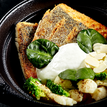 Load image into Gallery viewer, Wednesday Hand-Crafted Meal Roasted Red Chili Branzino with Oven Baked Cauliflower and Broccoli, Lime Crema, Toasted Almond - served one person