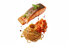 Load image into Gallery viewer, Pan-Roasted Atlantic Salmon
Sesame-infused noodles with house-made kimchi no plate