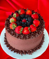 Chocolate with Fresh Fruit Topping  Size: two-layer, 7”x7”